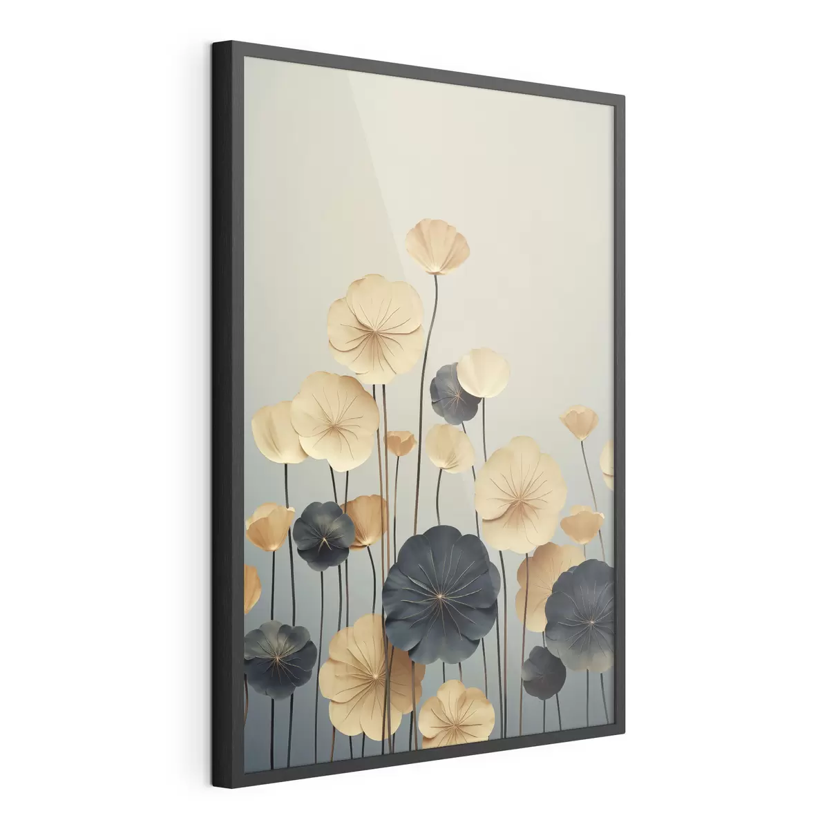 Poster Foglie di ninfea su uno sfondo tenue nei toni del beige e del blu scuro f48734