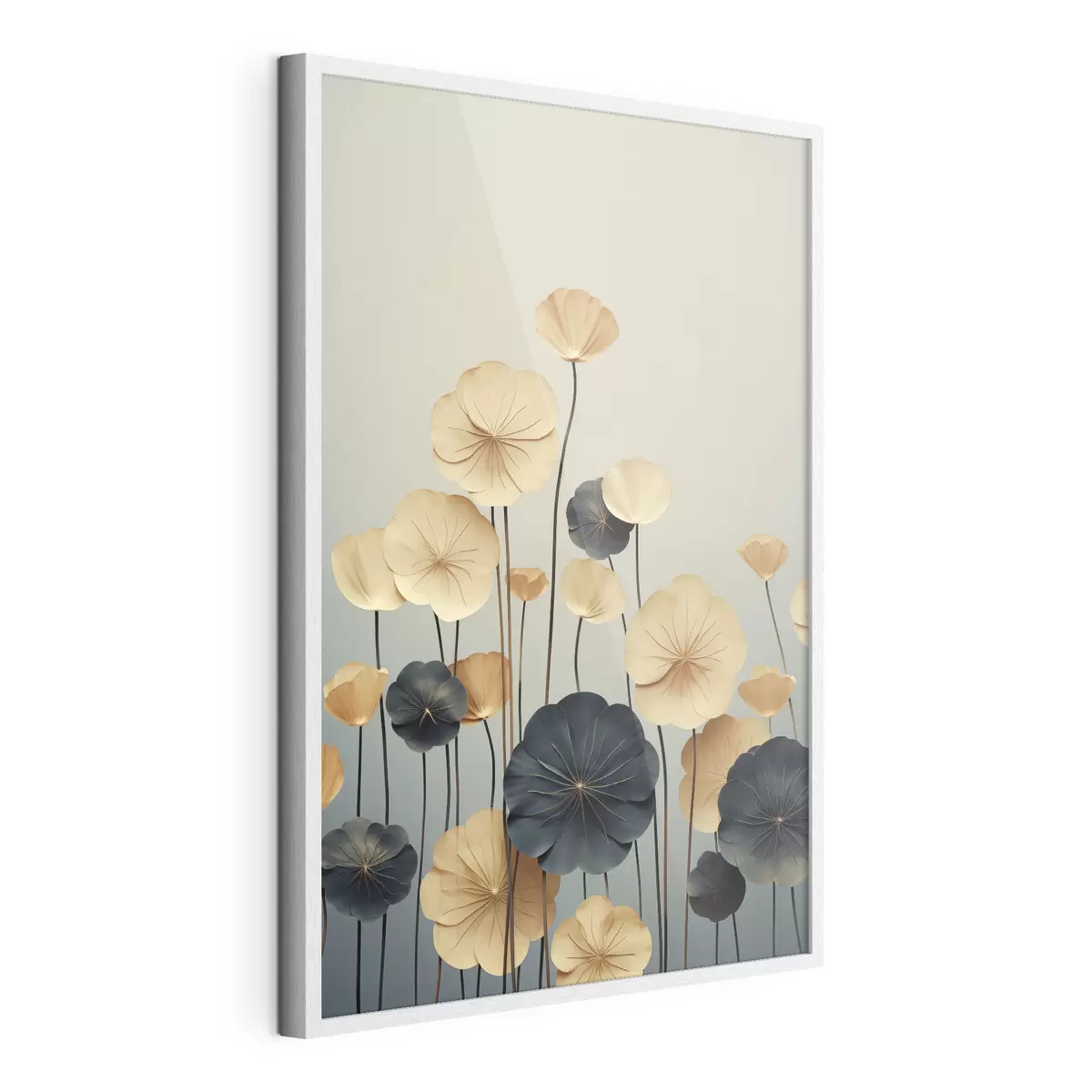 Poster Foglie di ninfea su uno sfondo tenue nei toni del beige e del blu scuro f48734