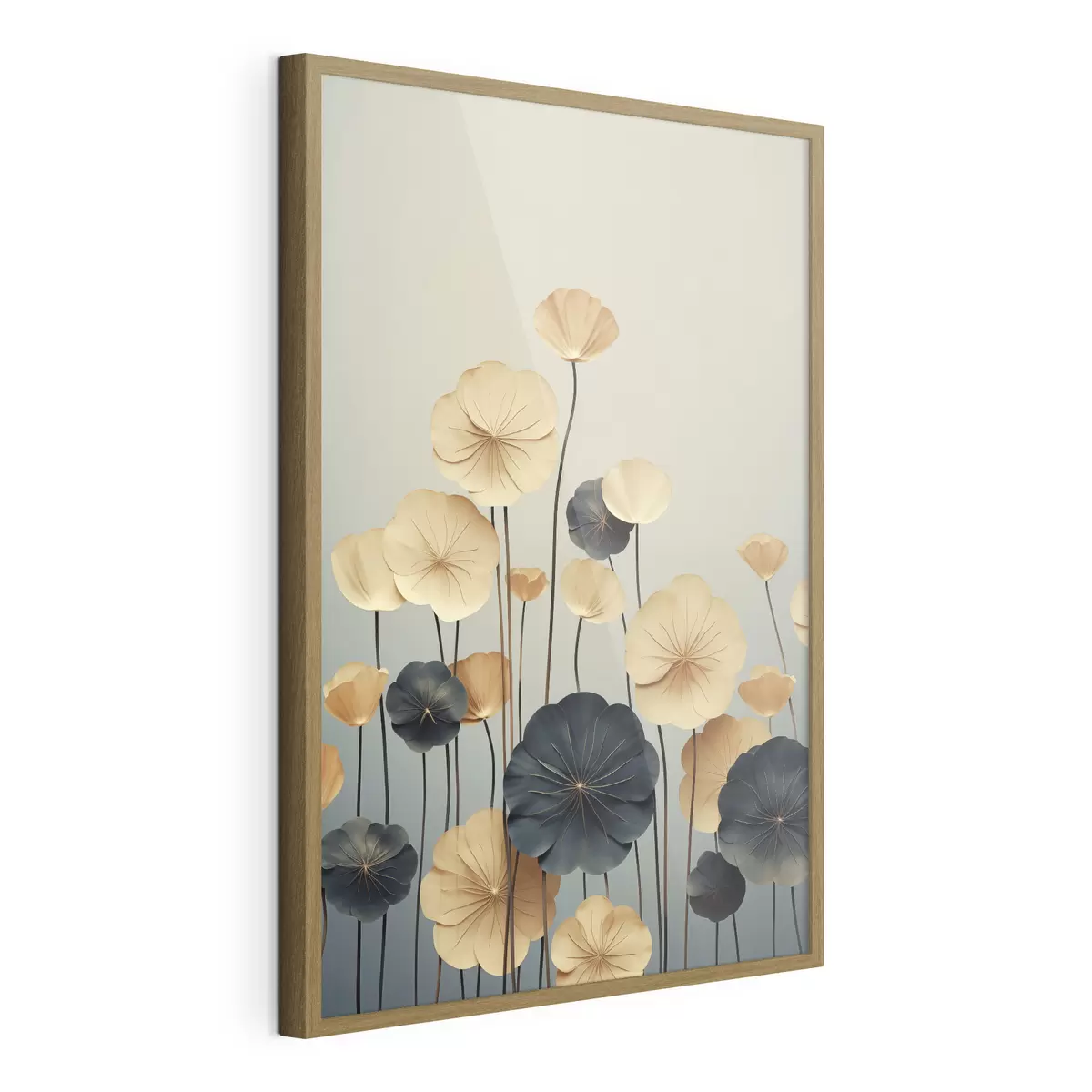 Poster Foglie di ninfea su uno sfondo tenue nei toni del beige e del blu scuro f48734