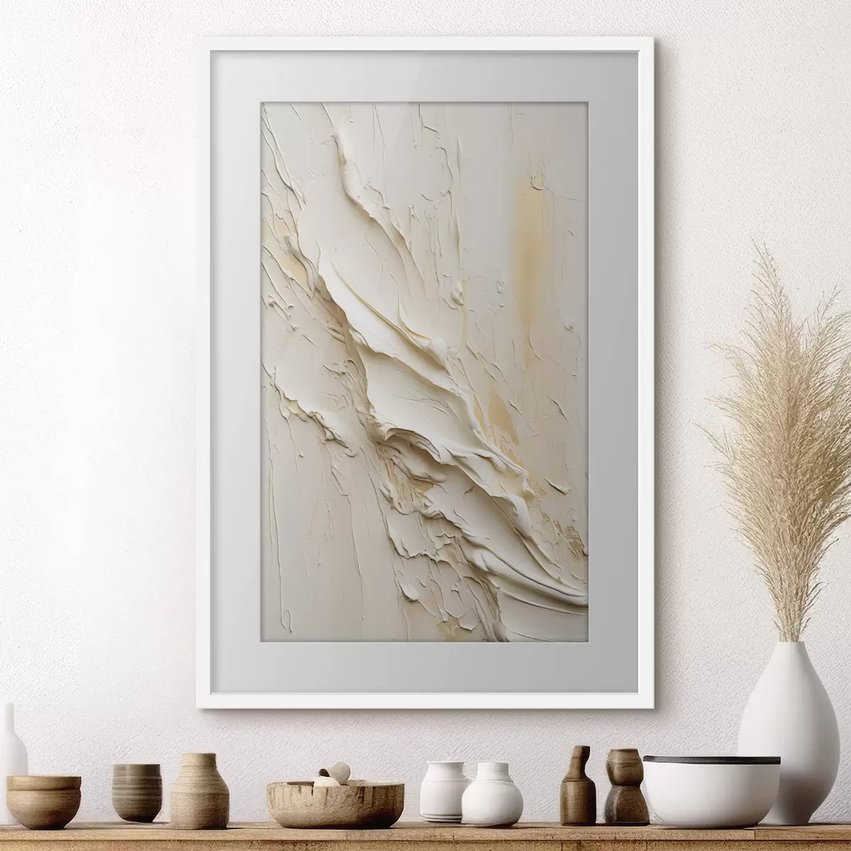 Poster Dipinto astratto con texture nei toni del crema e del beige, arte minimalista f48737