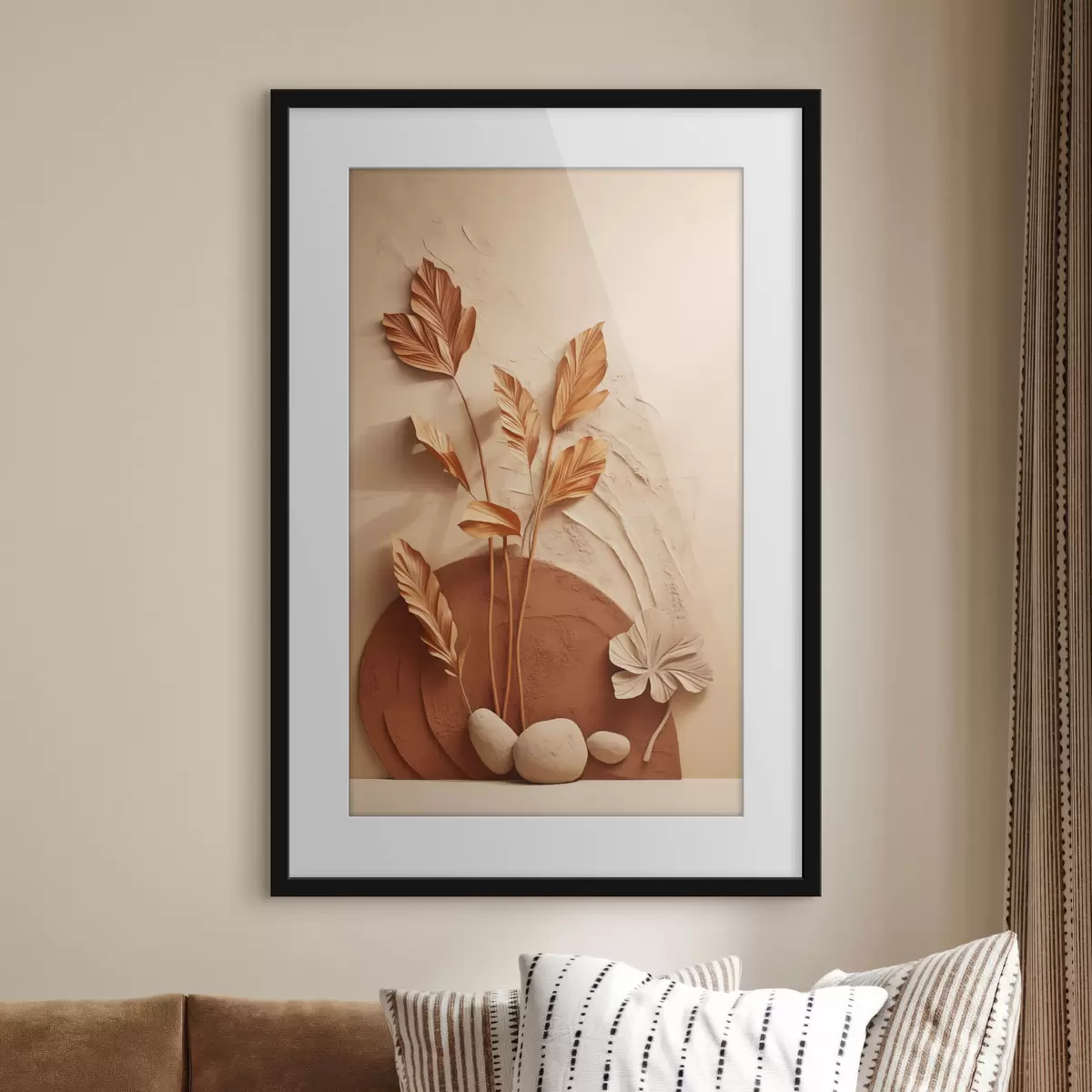 Poster Un'opera d'arte minimalista con fiori secchi ed erba della pampa, su uno sfondo materico f48740