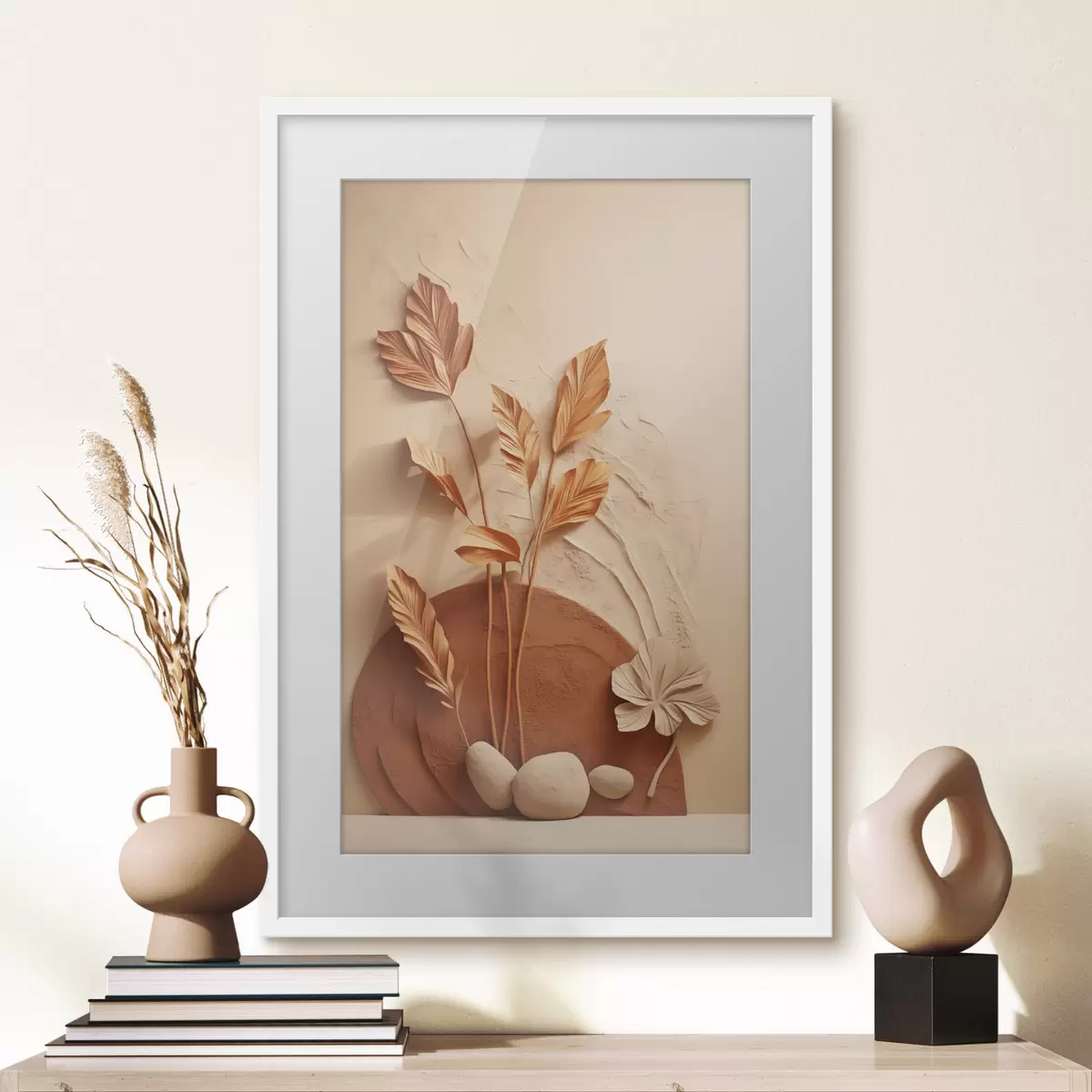 Poster Un'opera d'arte minimalista con fiori secchi ed erba della pampa, su uno sfondo materico f48740