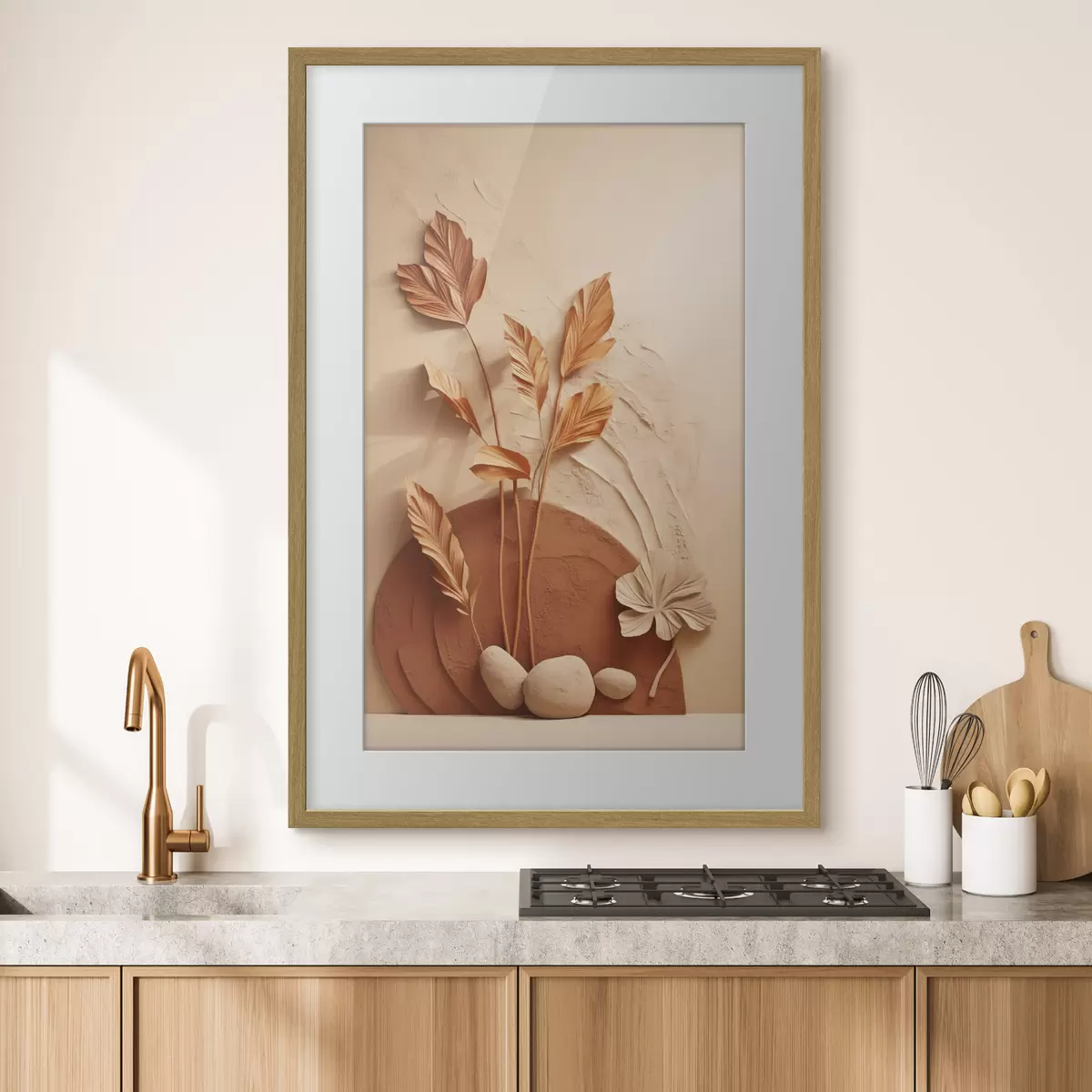 Poster Un'opera d'arte minimalista con fiori secchi ed erba della pampa, su uno sfondo materico f48740
