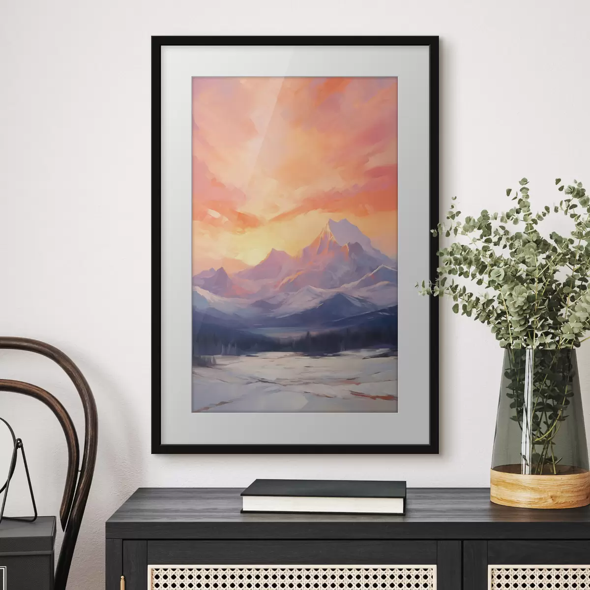 Poster Montagne innevate sotto un cielo dai vivaci toni arancioni e rosa, punteggiato di nuvole f48741