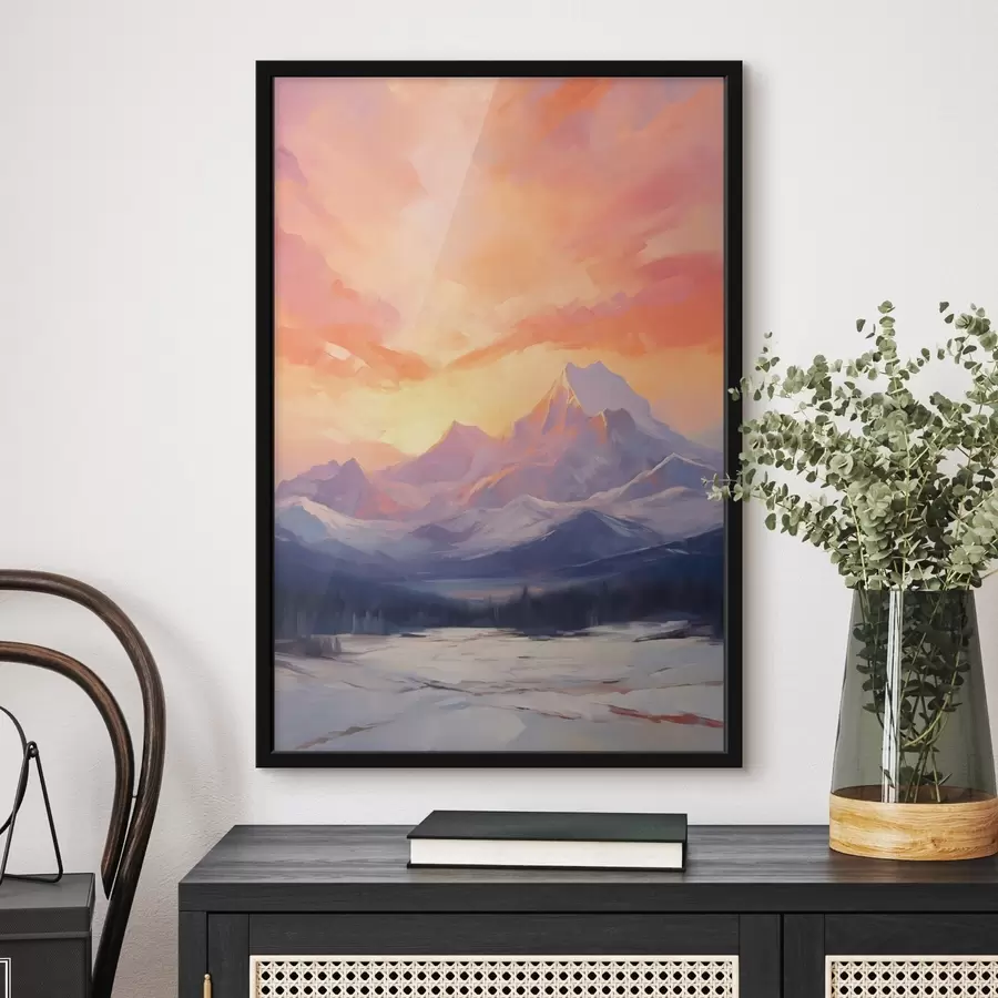 carta da parati Montagne innevate sotto un cielo dai vivaci toni arancioni e rosa, punteggiato di nuvole nr. f48741