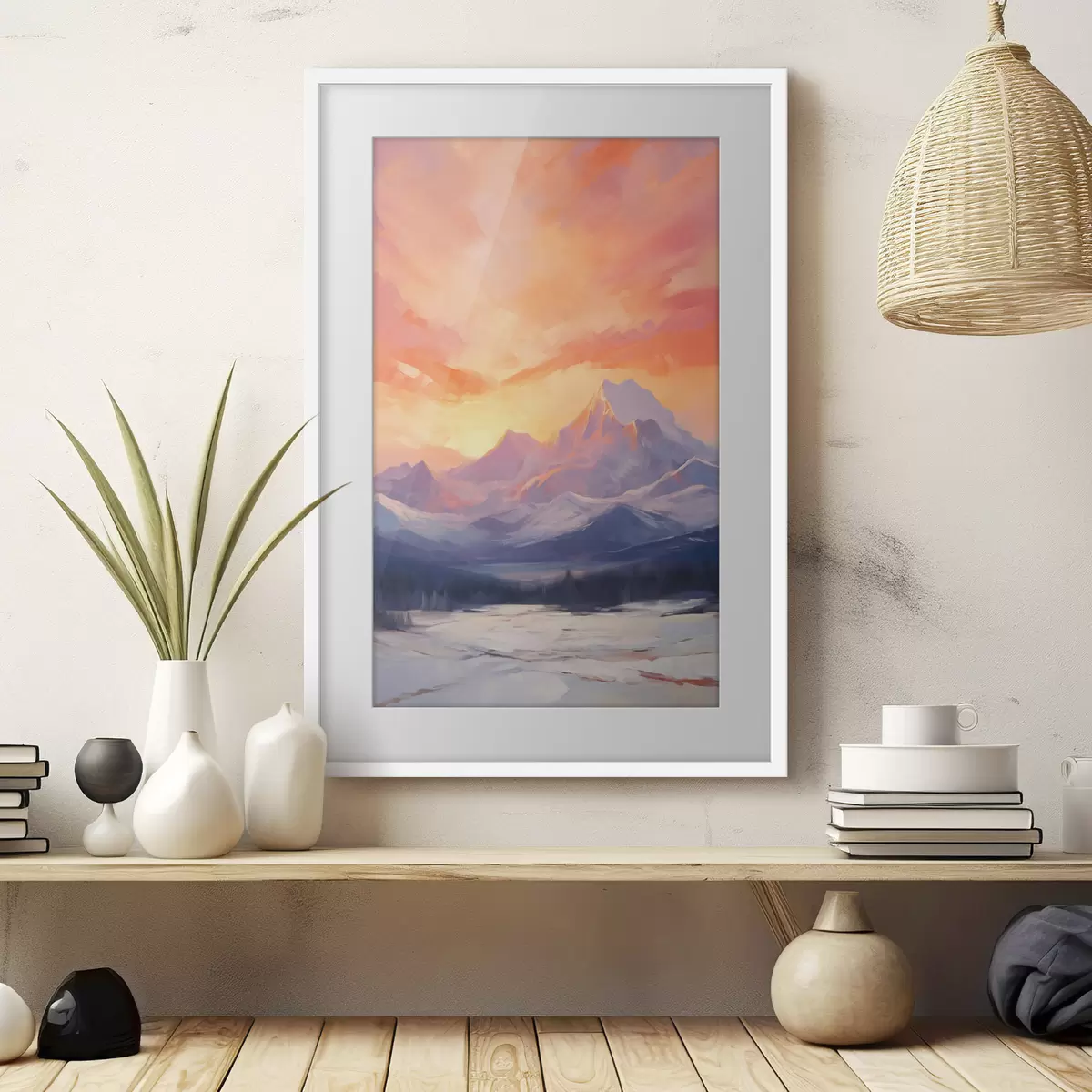 Poster Montagne innevate sotto un cielo dai vivaci toni arancioni e rosa, punteggiato di nuvole f48741