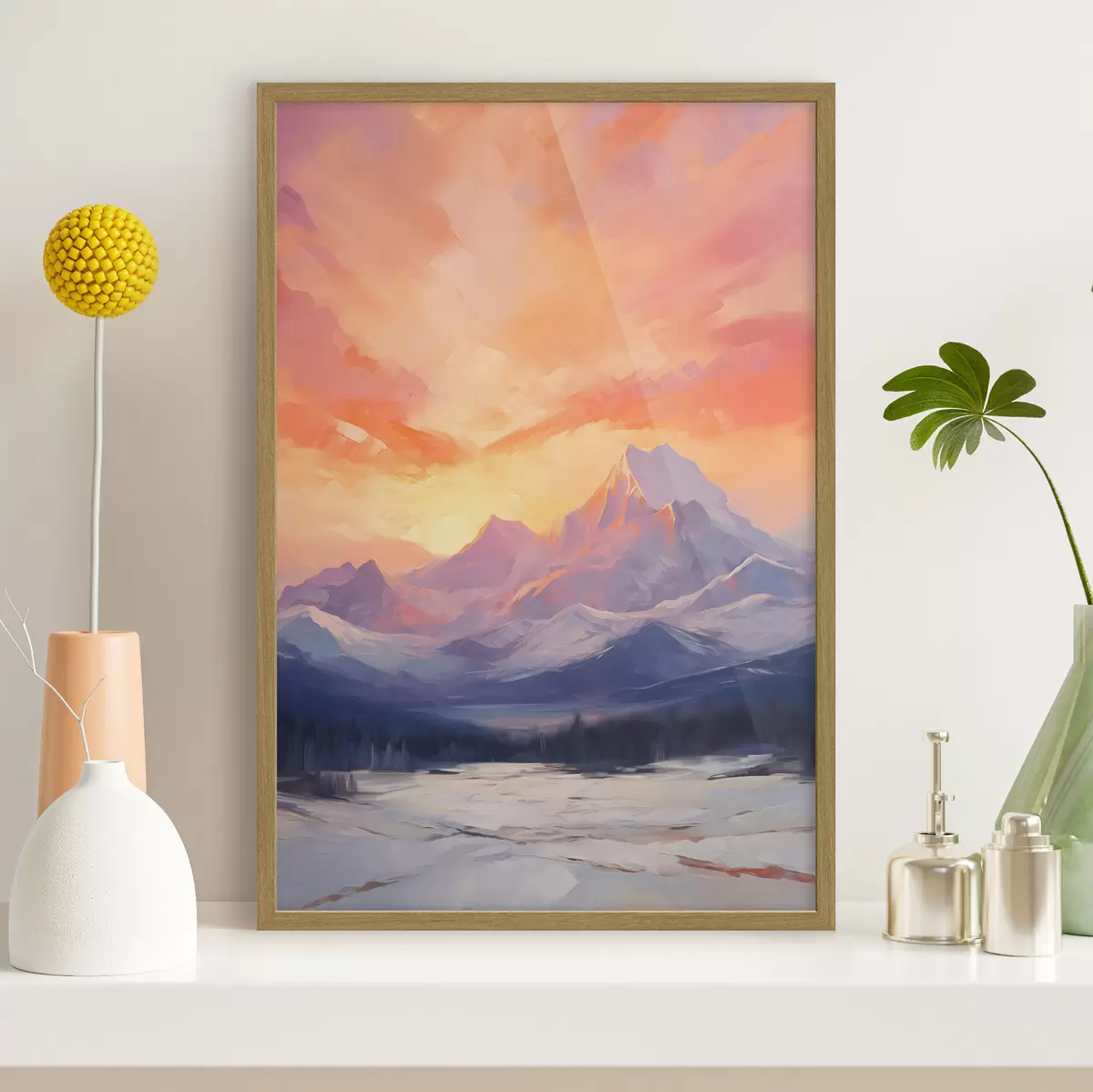 Poster Montagne innevate sotto un cielo dai vivaci toni arancioni e rosa, punteggiato di nuvole f48741