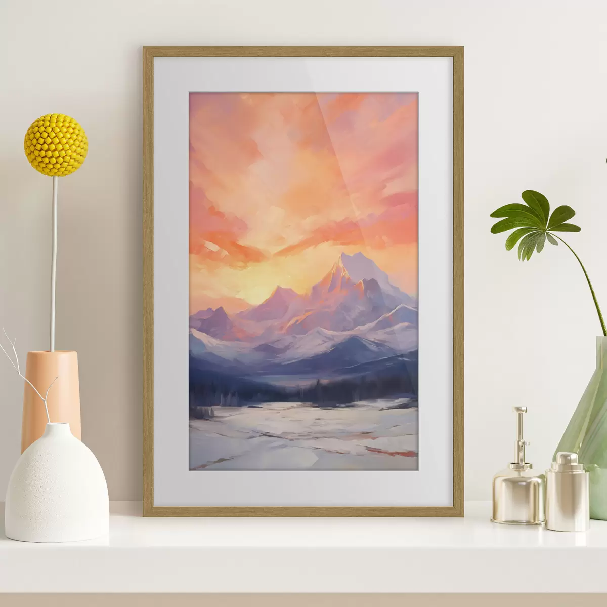 Poster Montagne innevate sotto un cielo dai vivaci toni arancioni e rosa, punteggiato di nuvole f48741
