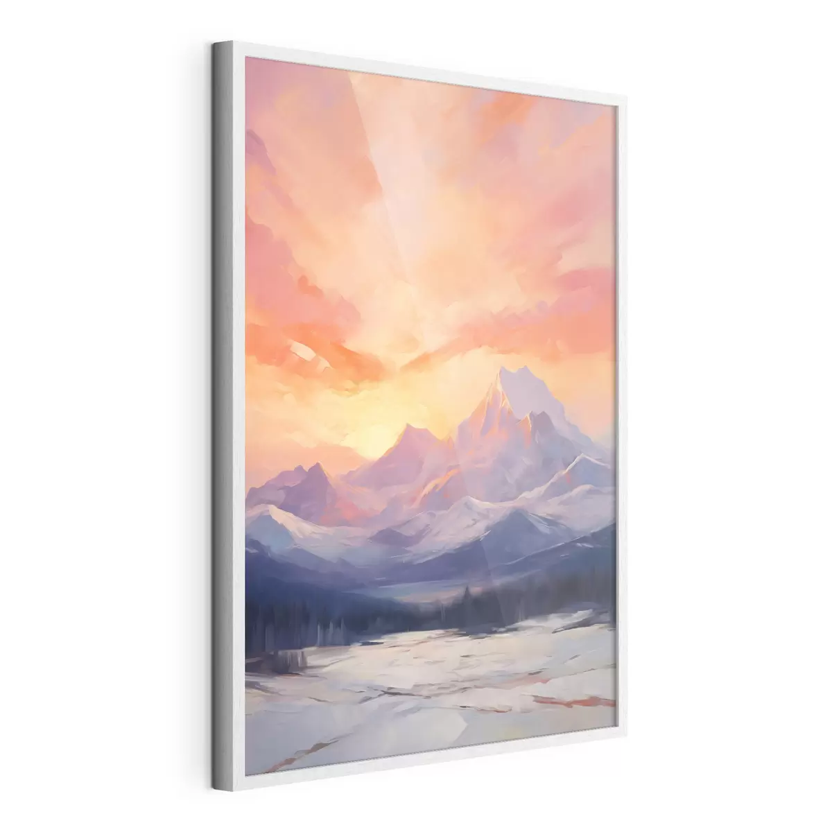 Poster Montagne innevate sotto un cielo dai vivaci toni arancioni e rosa, punteggiato di nuvole f48741