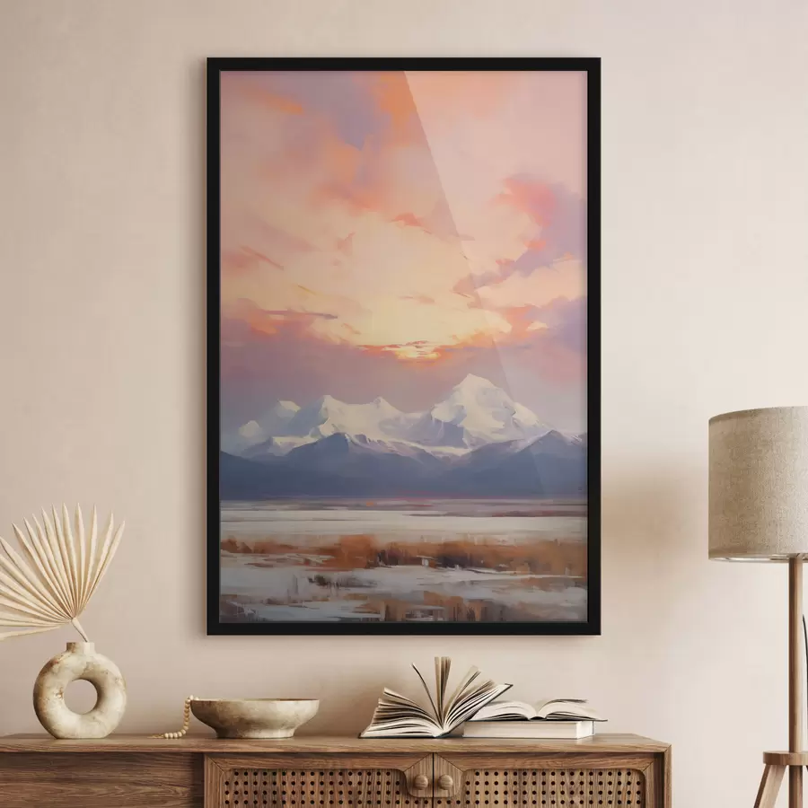 carta da parati Montagne innevate sotto un cielo dai vivaci toni arancioni e rosa, punteggiato di nuvole nr. f48742