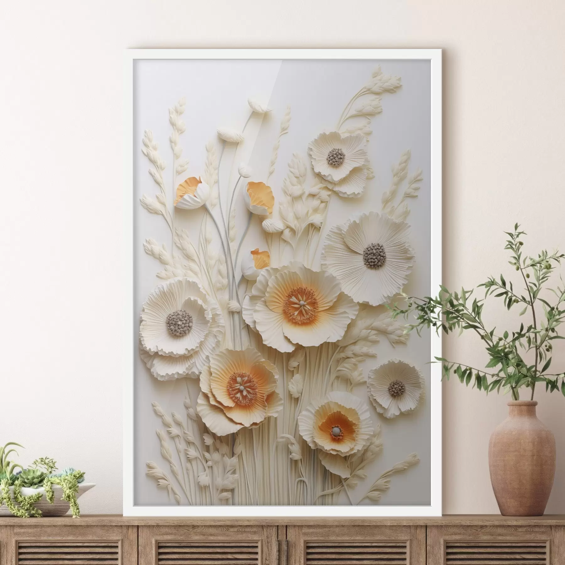 carta da parati Un bouquet di papaveri color crema e arancione con steli di grano essiccato nr. f48747