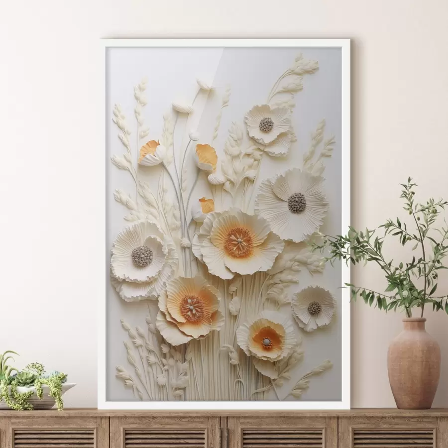 carta da parati Un bouquet di papaveri color crema e arancione con steli di grano essiccato nr. f48747