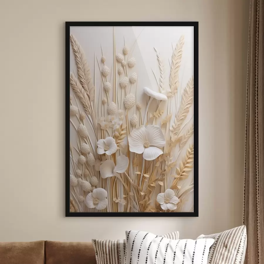 carta da parati Un bouquet di papaveri color crema con steli di grano essiccato nr. f48748