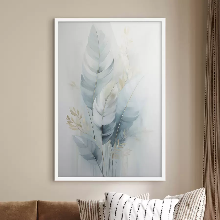 carta da parati Grandi piume morbide nei toni del blu e del bianco con delicate foglie color beige nr. f48749