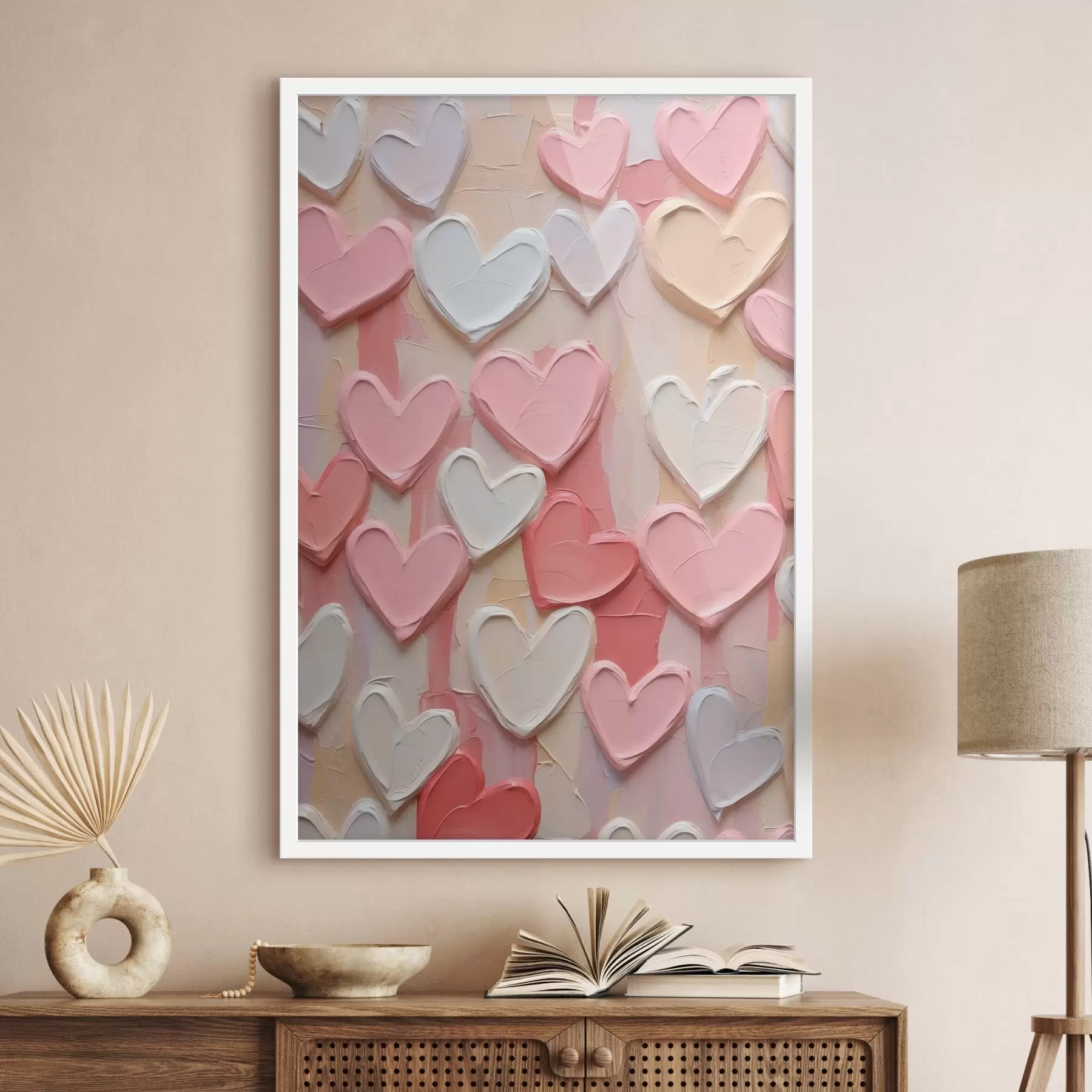 carta da parati Cuori in varie tonalità di pesca e rosa, realizzati con una tecnica pittorica a texture nr. f48751