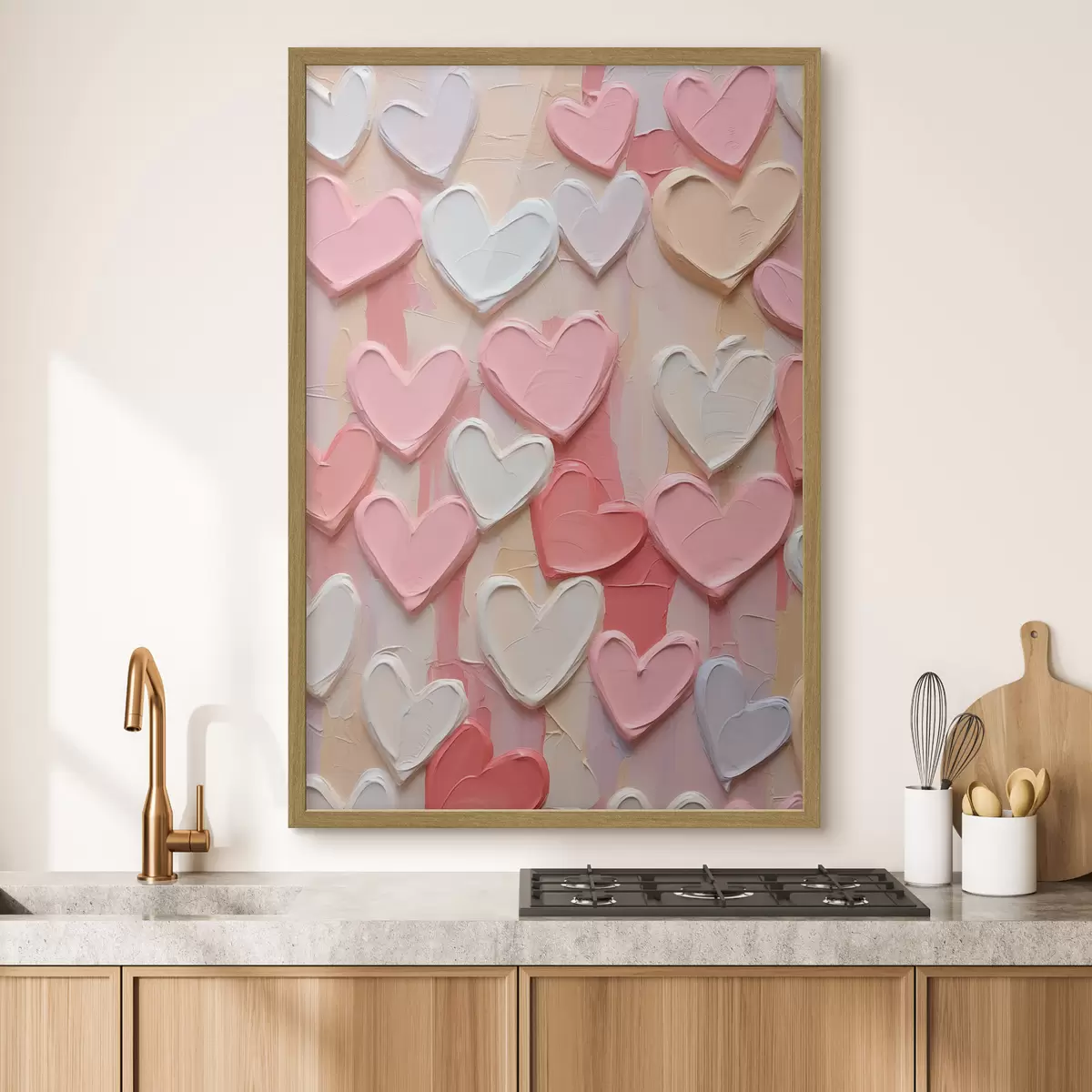 Poster Cuori in varie tonalità di pesca e rosa, realizzati con una tecnica pittorica a texture f48751