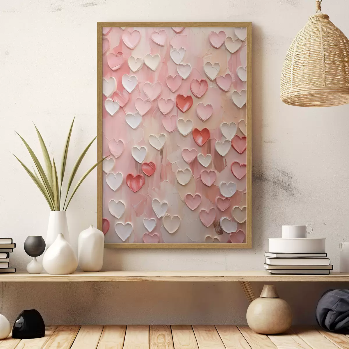 Poster Cuori in varie tonalità di pesca e rosa, realizzati con una tecnica pittorica a texture f48752
