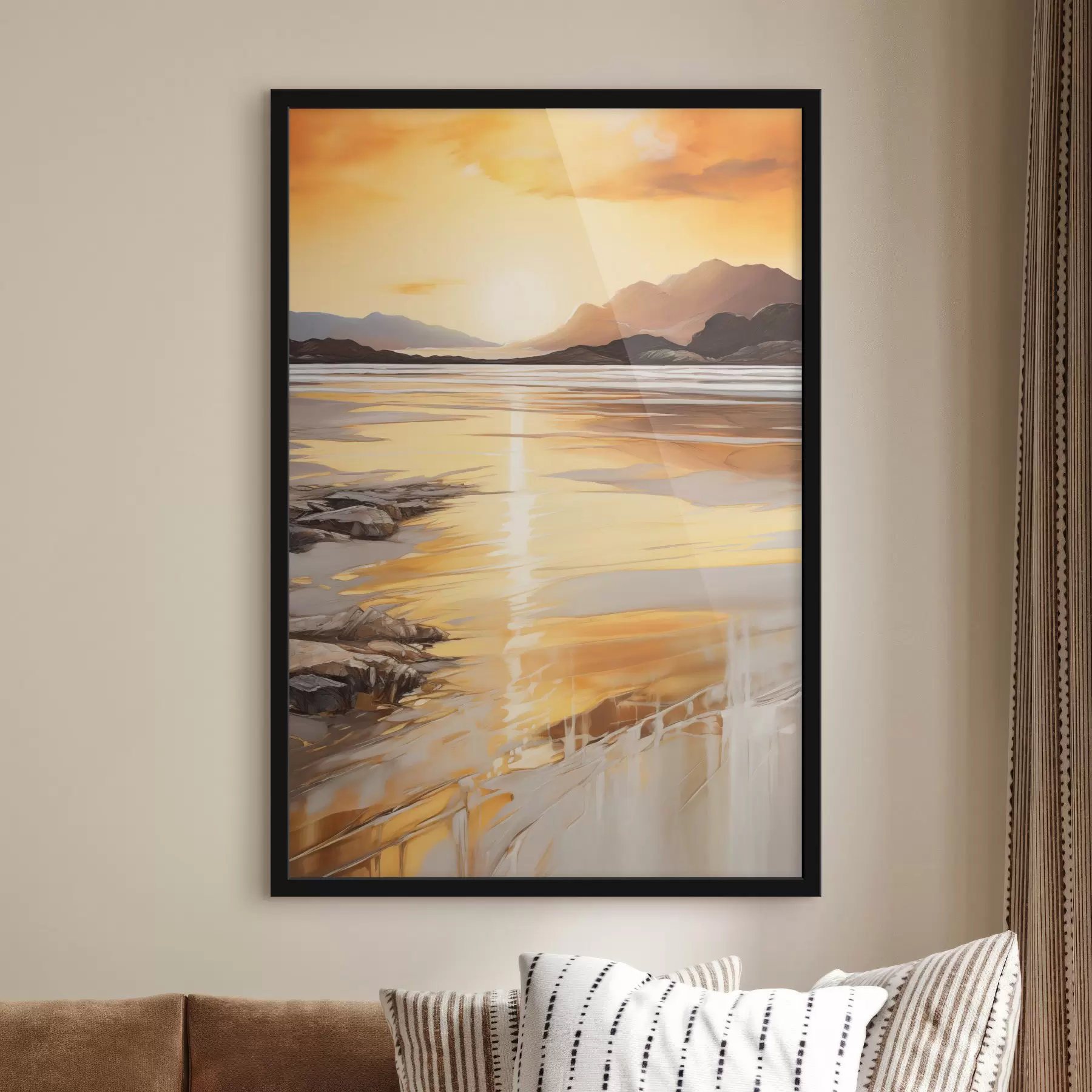 carta da parati Un paesaggio con un fiume e le montagne sotto un cielo arancione e caldo, al tramonto nr. f48756