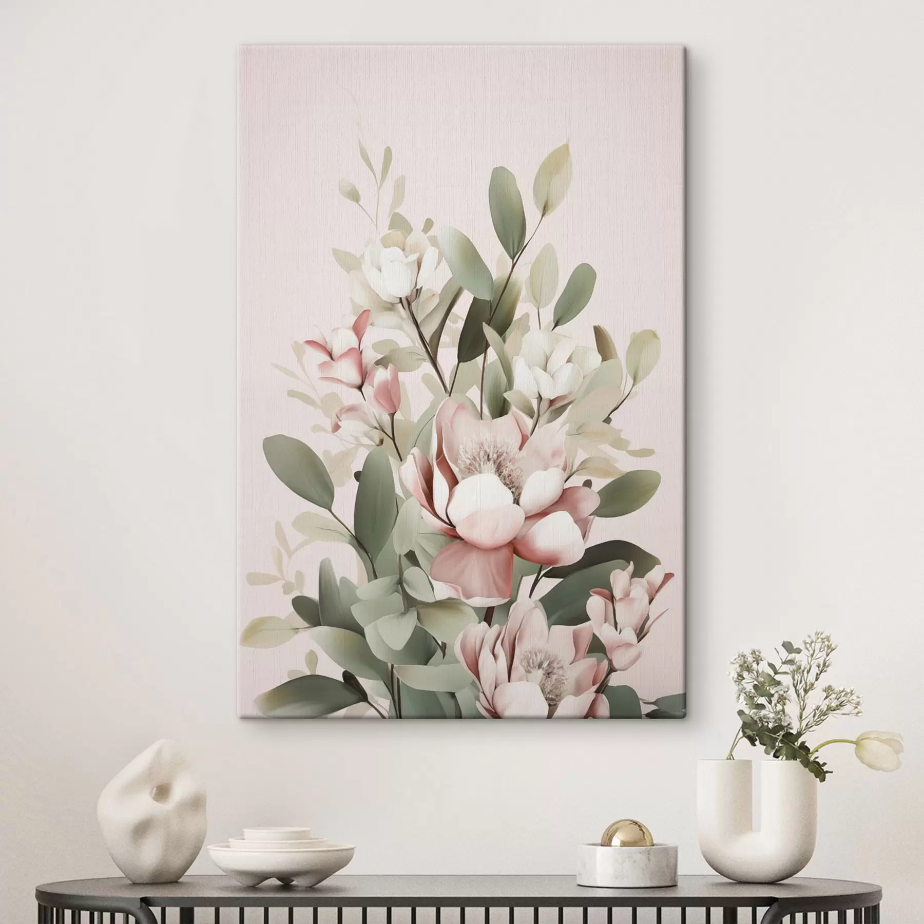 carta da parati Un bouquet di fiori dai colori pastello con foglie di eucalipto, su uno sfondo rosa pallido nr. s48727