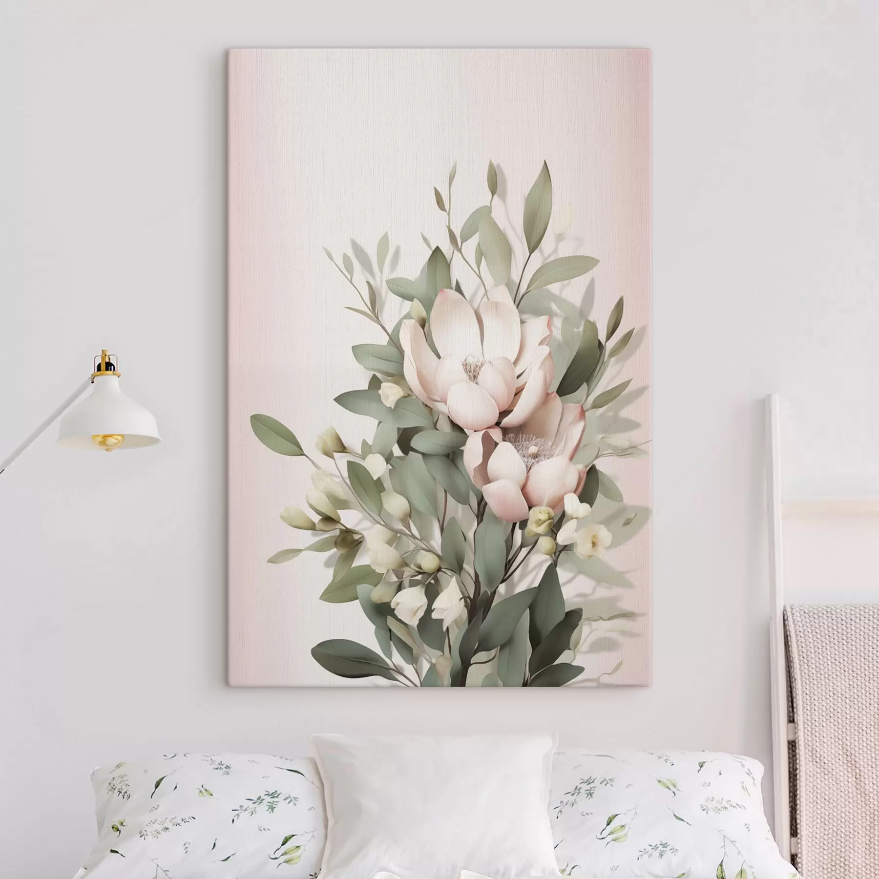 carta da parati Un bouquet di fiori dai colori pastello con foglie di eucalipto, su uno sfondo rosa pallido nr. s48728