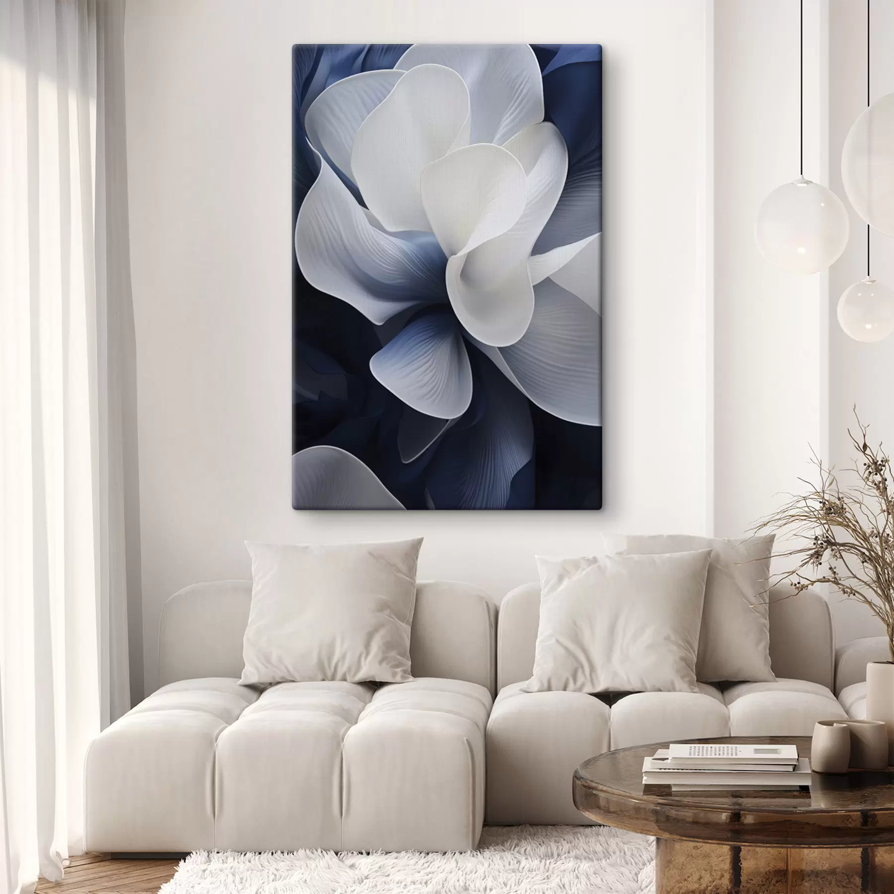 carta da parati Petali di fiori astratti blu e bianchi su sfondo scuro nr. s48732