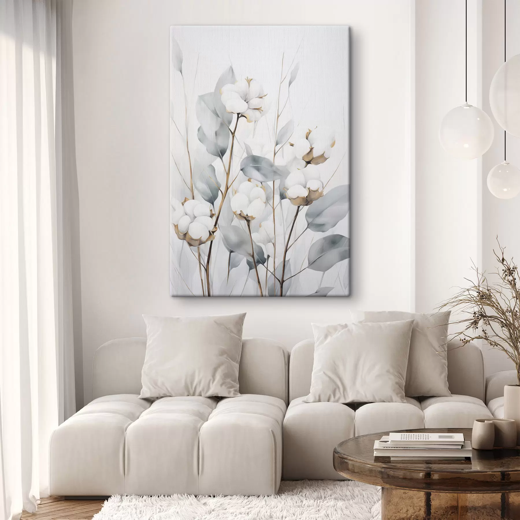 carta da parati Pianta di cotone bianca con foglie di un tenue blu-verde su uno sfondo chiaro nr. s48743