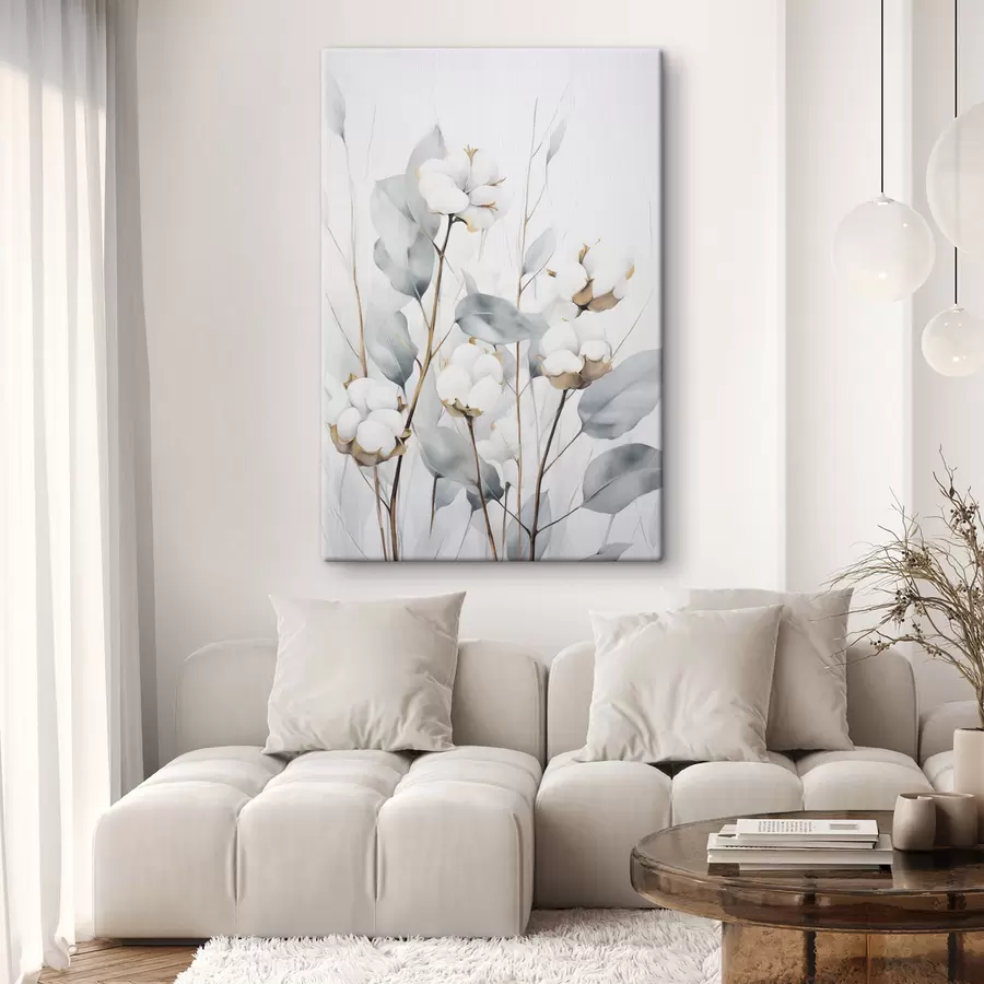 carta da parati Pianta di cotone bianca con foglie di un tenue blu-verde su uno sfondo chiaro nr. s48743