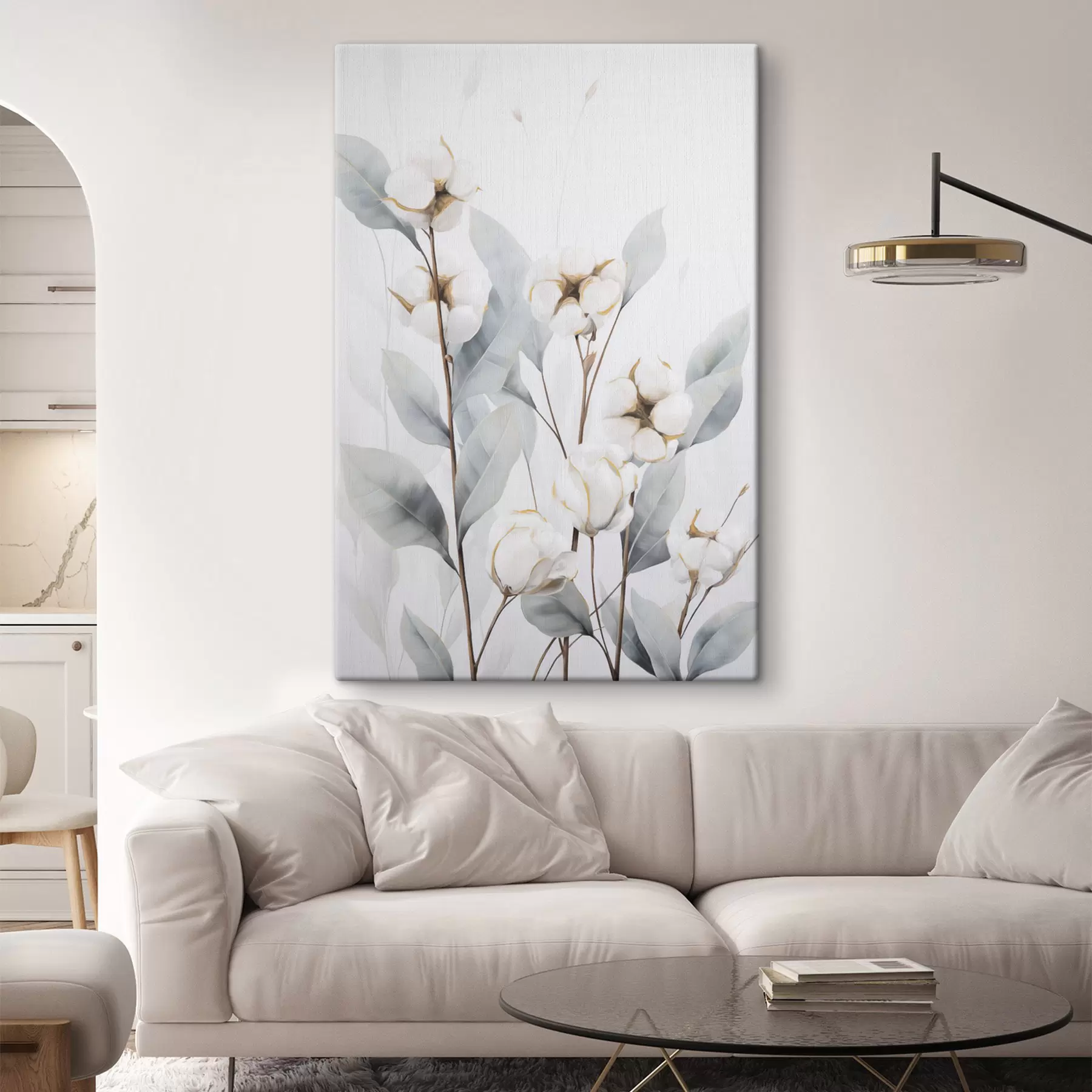 Quadro Pianta di cotone bianca con foglie di un tenue blu-verde su uno sfondo chiaro nr. s48744