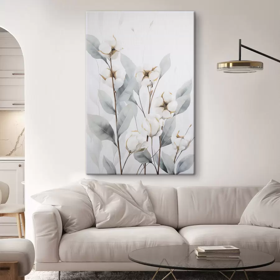 carta da parati Pianta di cotone bianca con foglie di un tenue blu-verde su uno sfondo chiaro nr. s48744