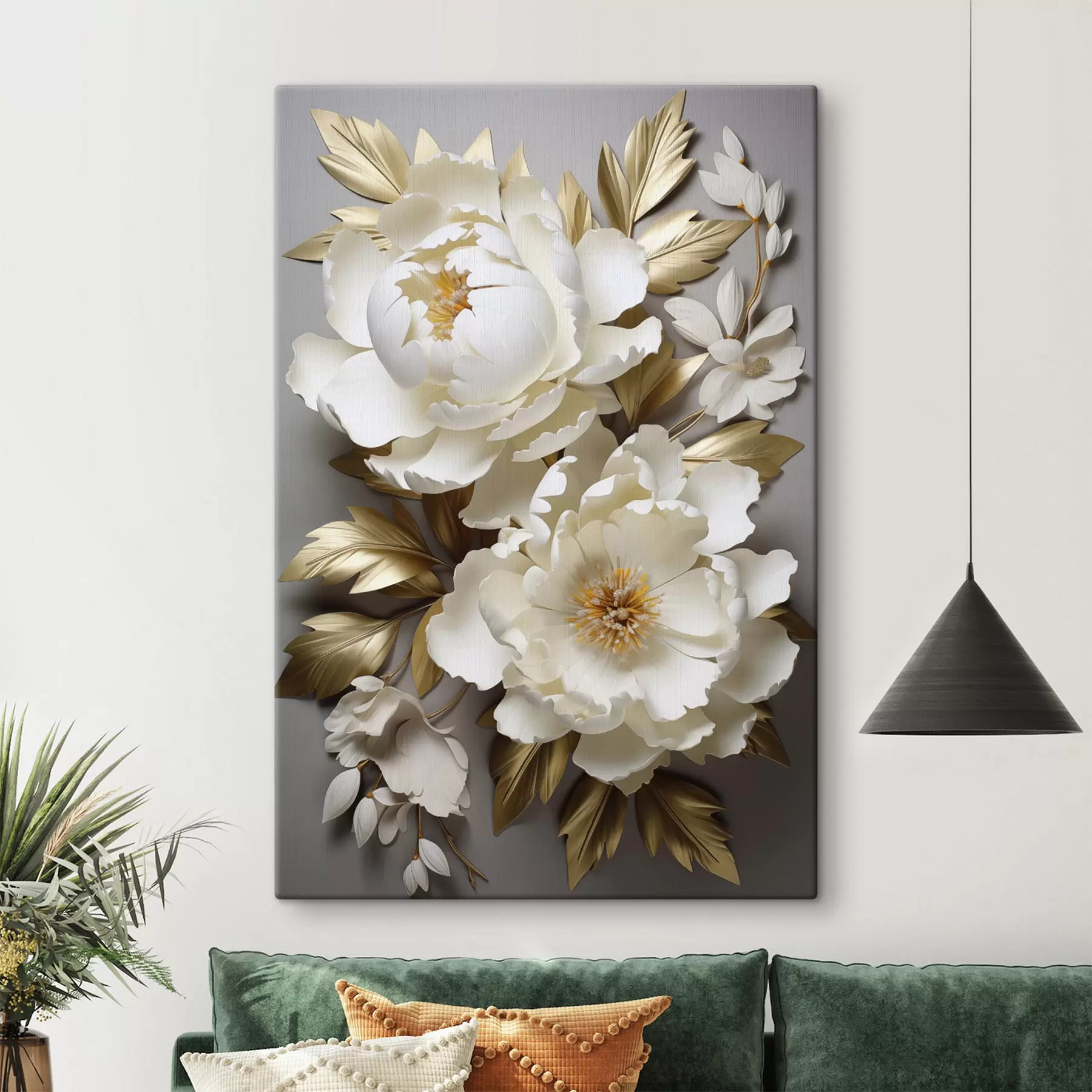 carta da parati Grandi peonie bianche con foglie gialle su uno sfondo grigio nr. s48753