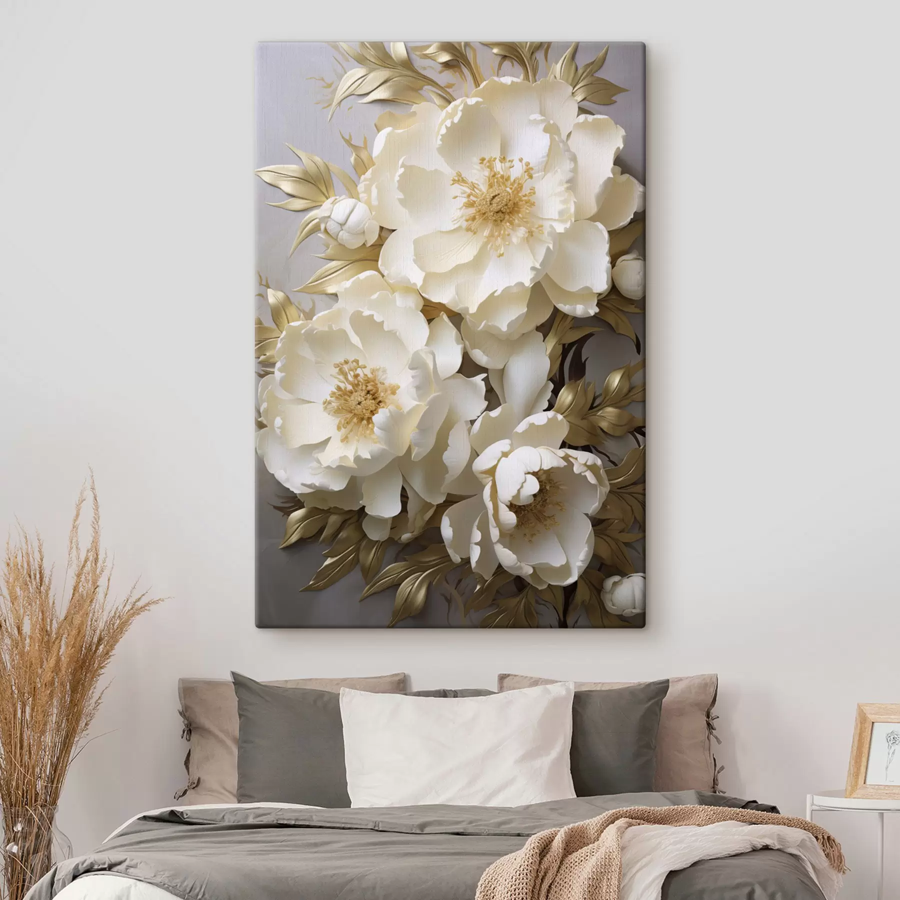 carta da parati Grandi peonie bianche con foglie gialle su uno sfondo grigio nr. s48754