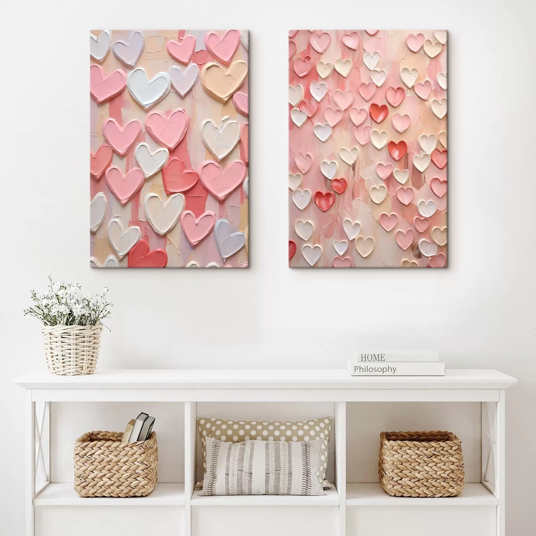 carta da parati Cuori in varie tonalità di pesca e rosa, realizzati con una tecnica pittorica a texture nr. m30326
