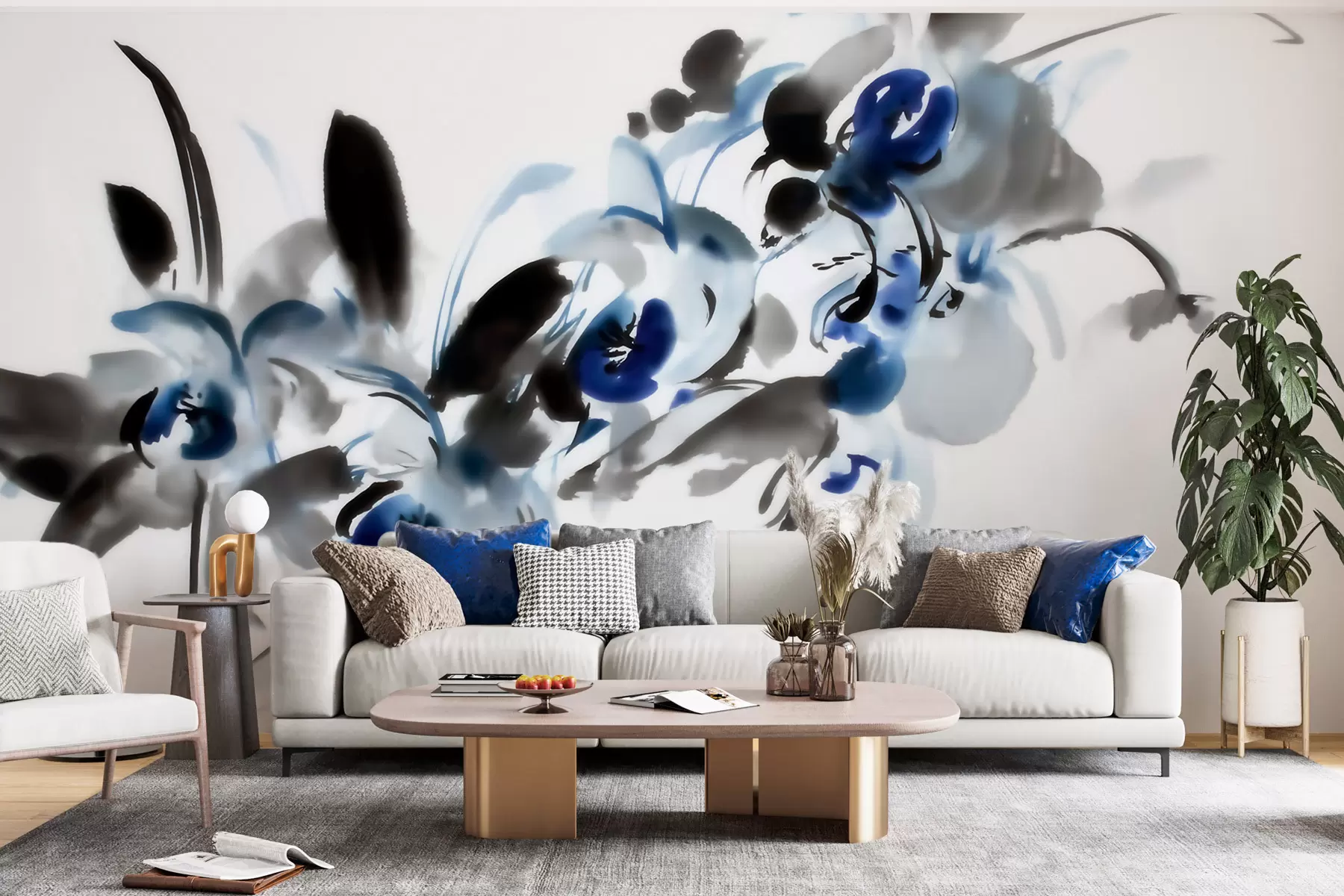 Carta da parati Floreale eleganti fiori astratti in stile acquerello orientale con tocchi di blu e nero, orchidee n. w09797