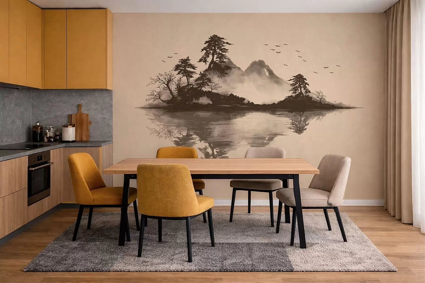 Carta da parati nature Paesaggio montano in stile sumi-e con pini e riflesso 