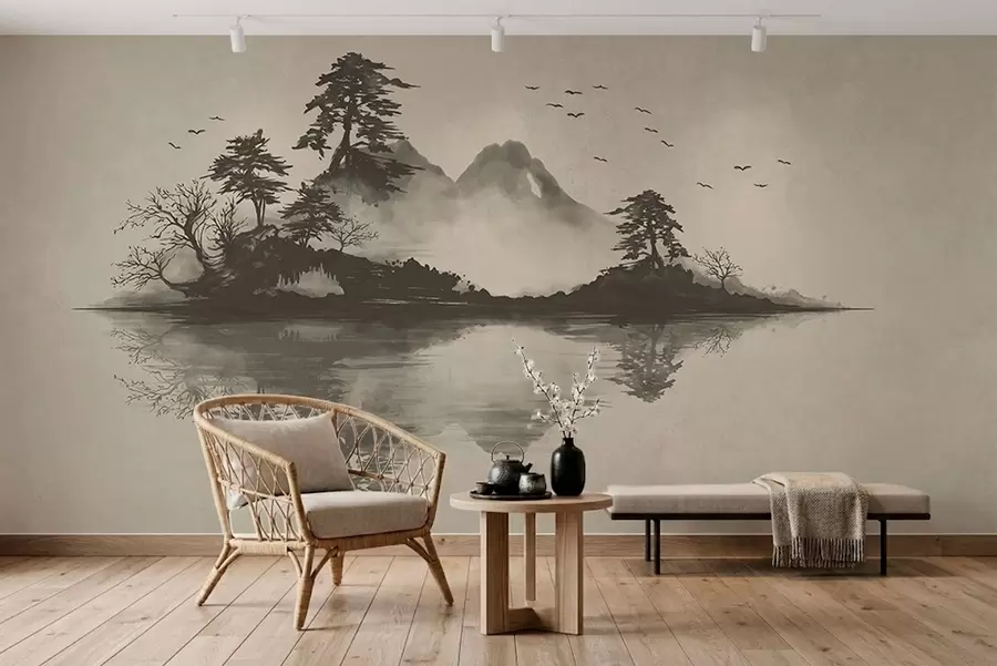 Carta da parati nature Paesaggio montano in stile sumi-e dai delicati toni di grigio 