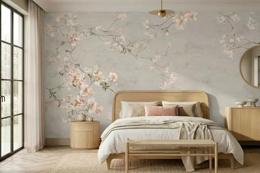 carta da parati Rami floreali in stile chinoiserie su sfondo grigio nr. w05427v1