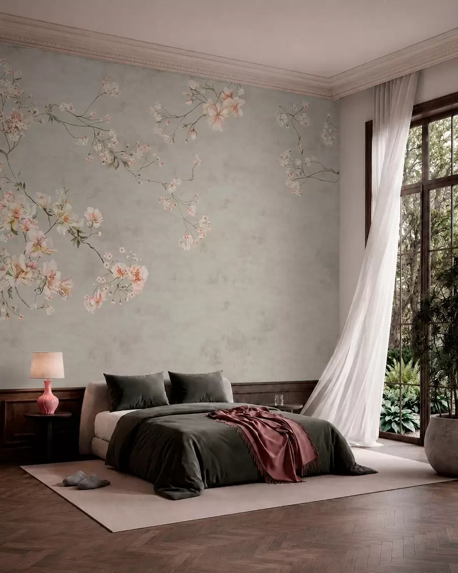 carta da parati Rami floreali in stile chinoiserie su sfondo grigio nr. w05427v1