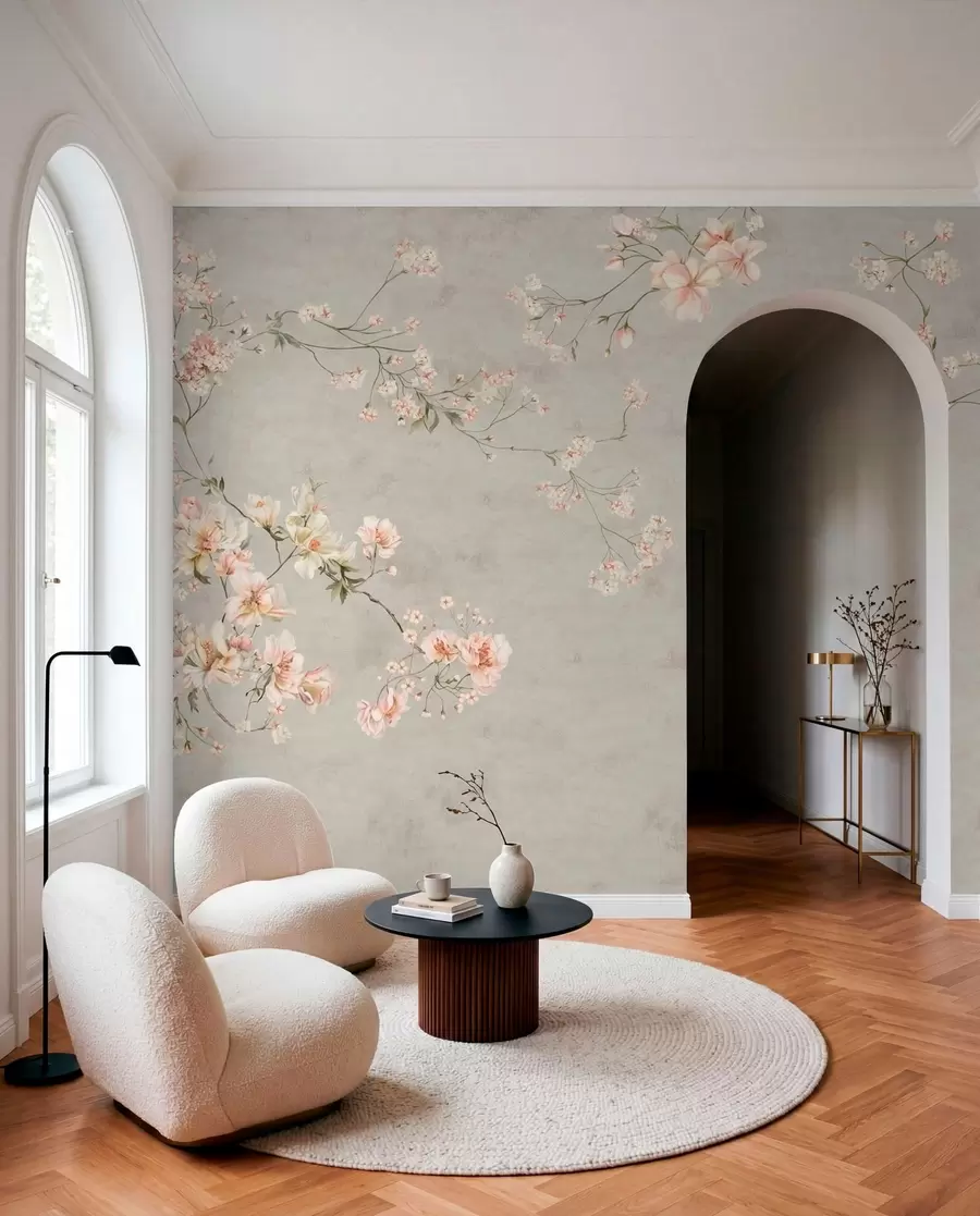 carta da parati Rami floreali in stile chinoiserie su sfondo grigio nr. w05427v1
