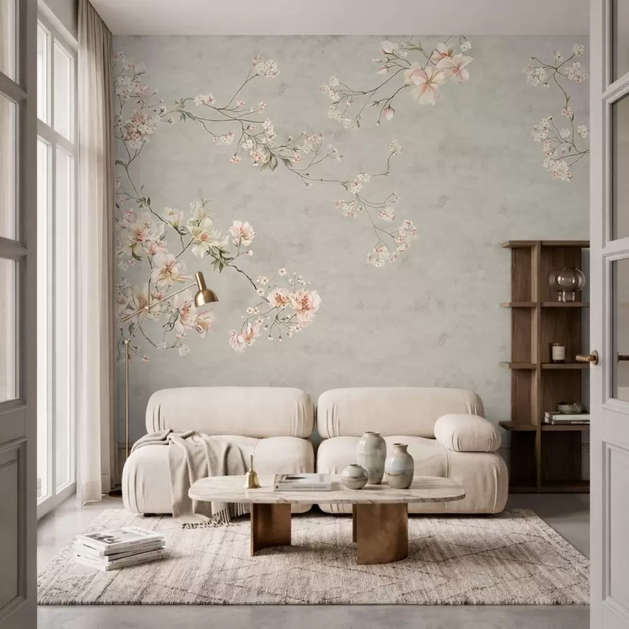 carta da parati Rami floreali in stile chinoiserie su sfondo grigio nr. w05427v1