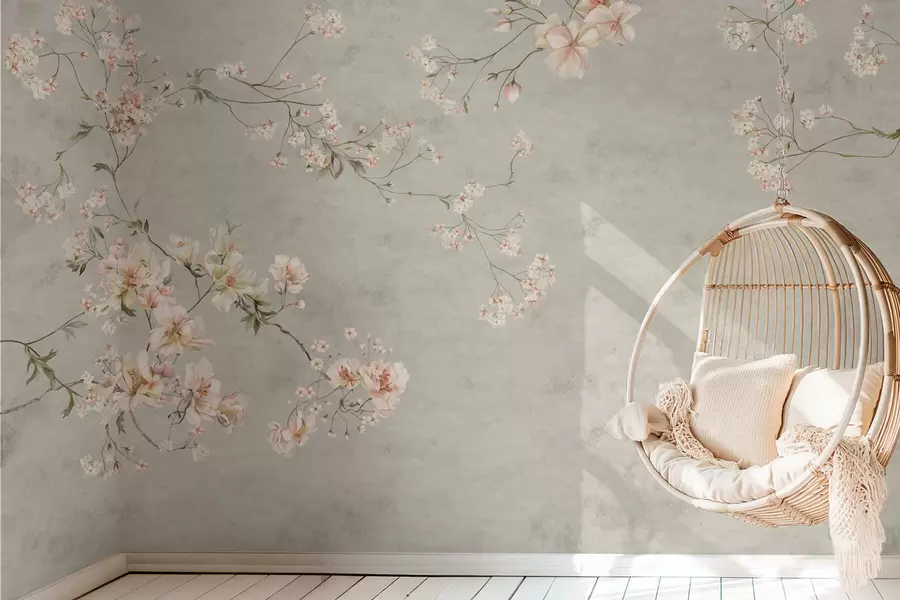 carta da parati Rami floreali in stile chinoiserie su sfondo grigio nr. w05427v1