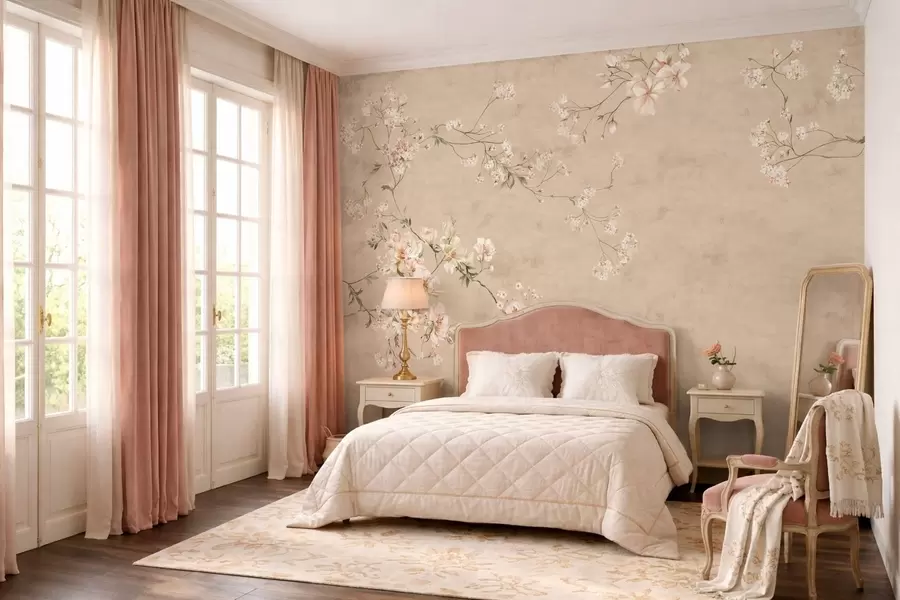 carta da parati Rami floreali in stile chinoiserie su uno sfondo beige caldo nr. w05427v2
