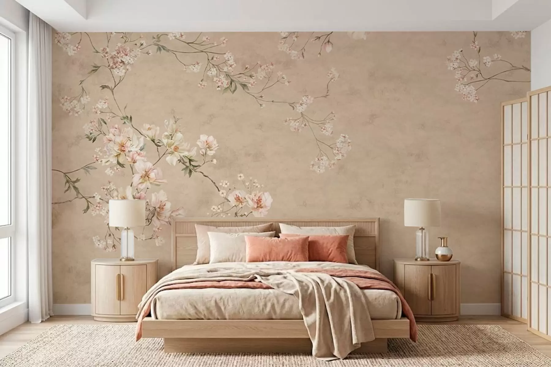 carta da parati Rami floreali in stile chinoiserie su uno sfondo beige caldo nr. w05427v2