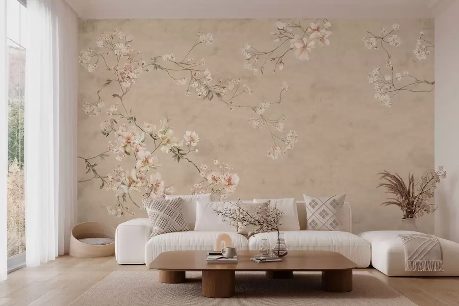 carta da parati Rami floreali in stile chinoiserie su uno sfondo beige caldo nr. w05427v2