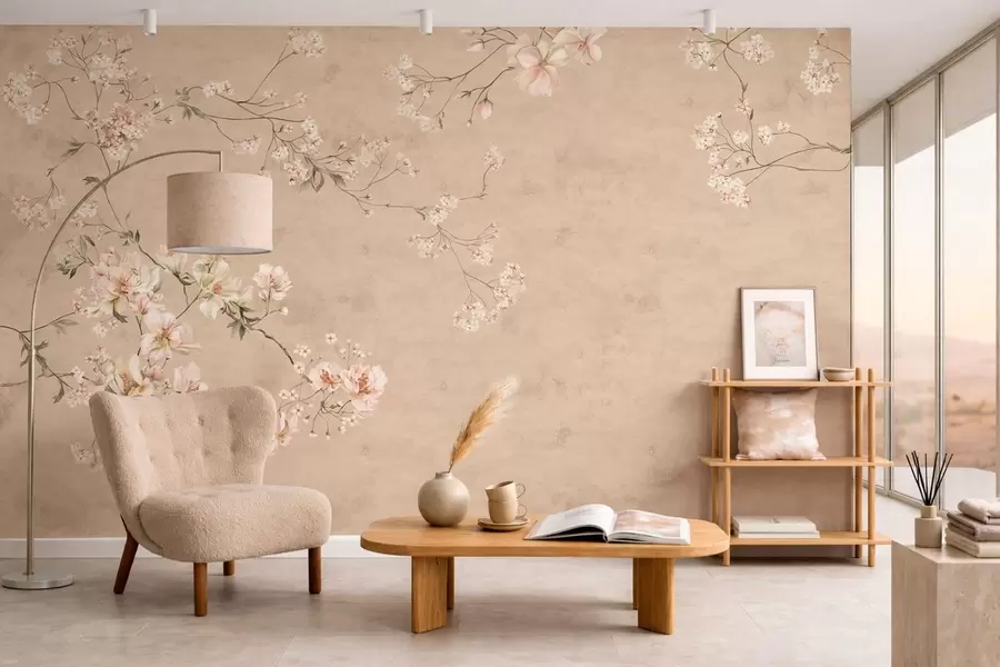 carta da parati Rami floreali in stile chinoiserie su uno sfondo beige caldo nr. w05427v2