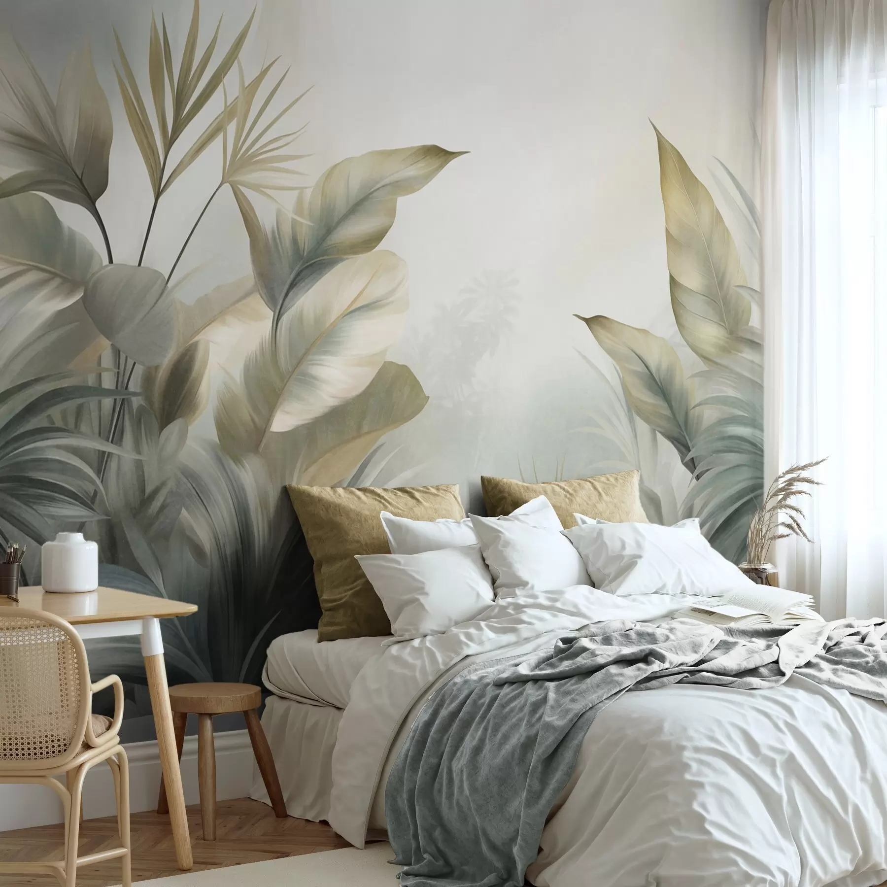 carta da parati Grandi foglie tropicali dalla trama marcata, nei toni tenui del verde e del beige, in un ambiente da giungla nr. w09820