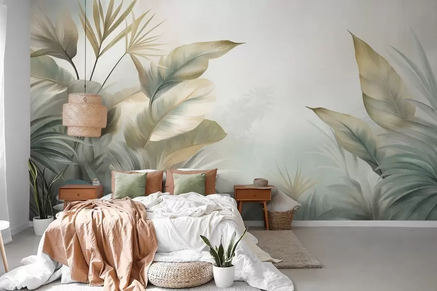 carta da parati Grandi foglie tropicali dalla trama marcata, nei toni tenui del verde e del beige, in un ambiente da giungla nr. w09820