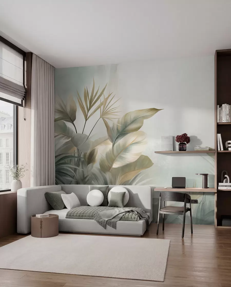 carta da parati Grandi foglie tropicali dalla trama marcata, nei toni tenui del verde e del beige, in un ambiente da giungla nr. w09820