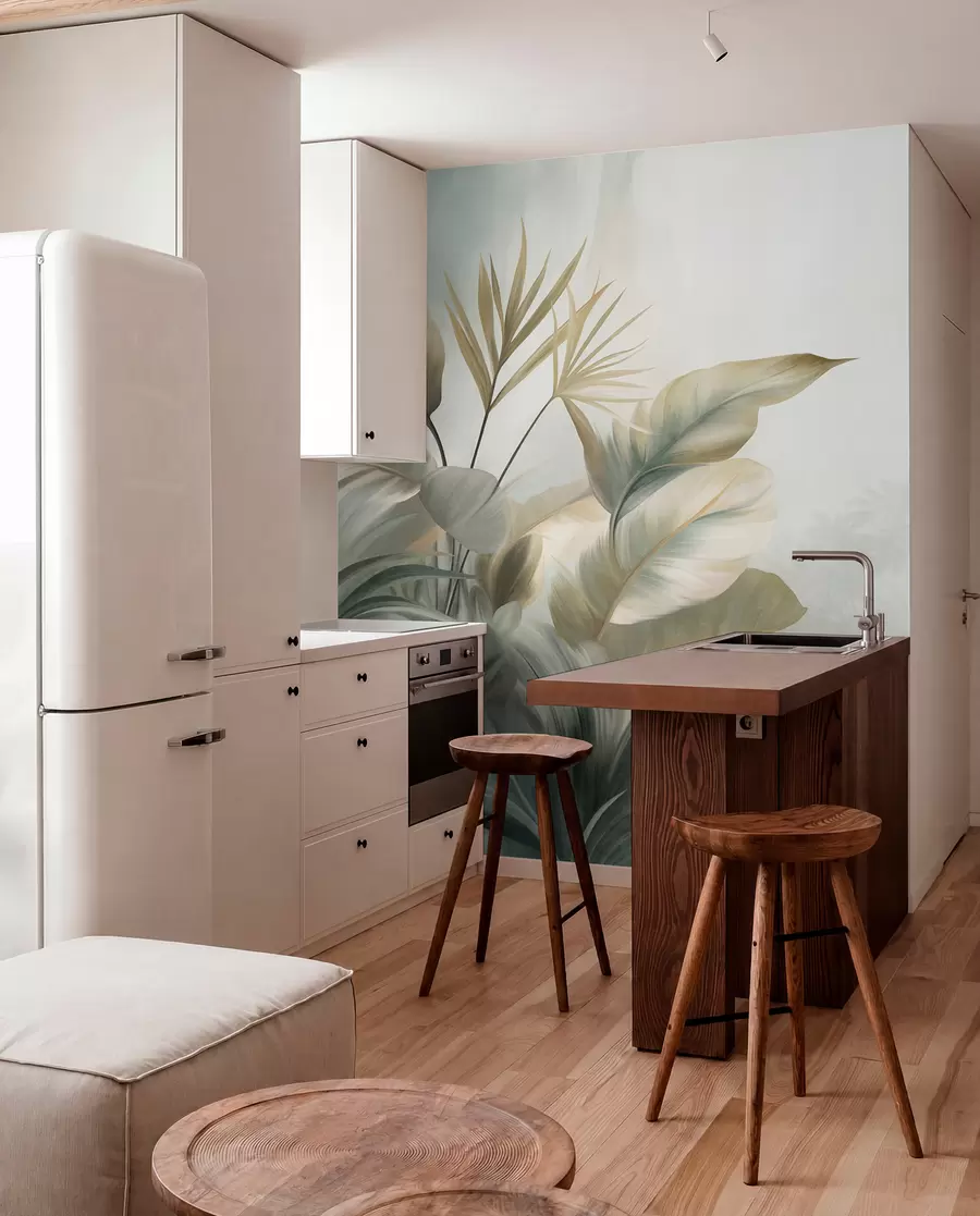 carta da parati Grandi foglie tropicali dalla trama marcata, nei toni tenui del verde e del beige, in un ambiente da giungla nr. w09820