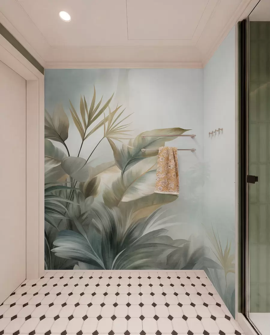 carta da parati Grandi foglie tropicali dalla trama marcata, nei toni tenui del verde e del beige, in un ambiente da giungla nr. w09820