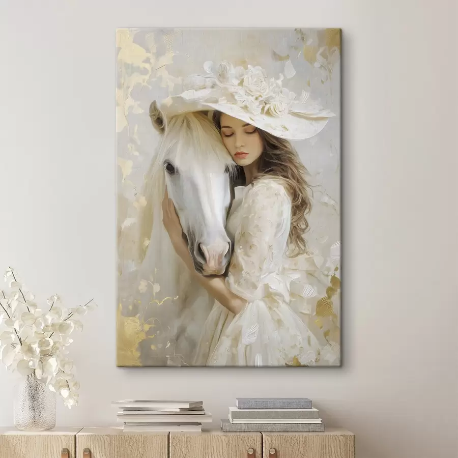 carta da parati una ragazza con un cavallo bianco, dipinta in stile oil painting nr. s48790